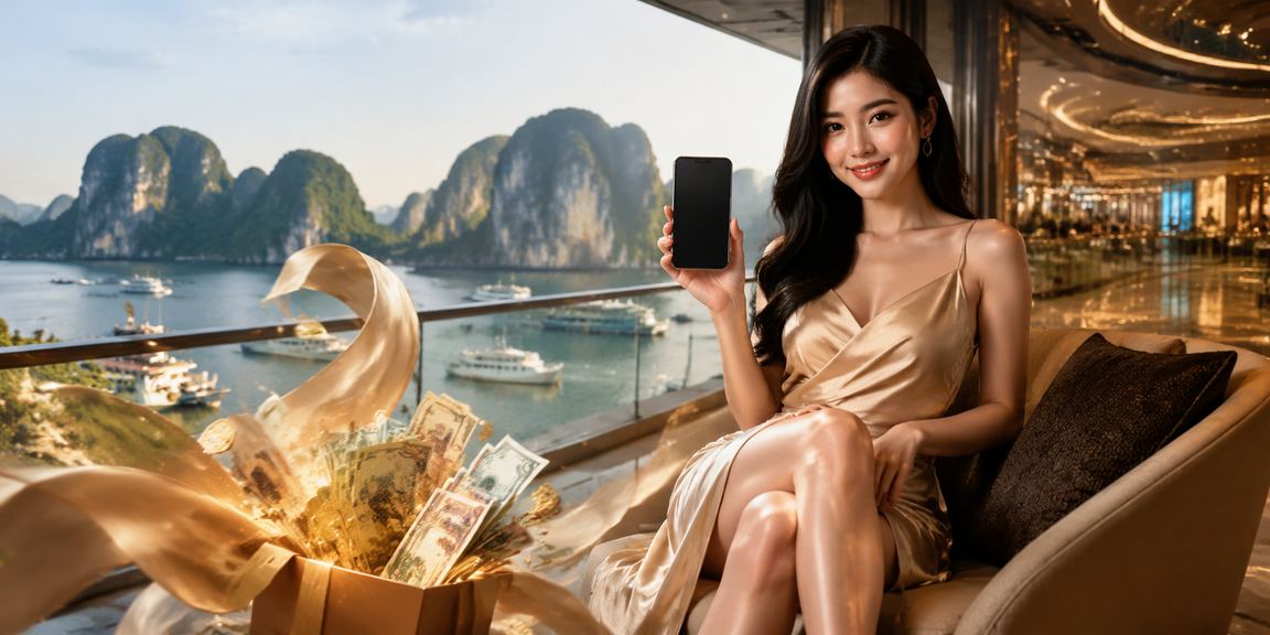Du khách tại vịnh Hạ Long kiểm tra voucher hoàn tiền và bonus trên điện thoại