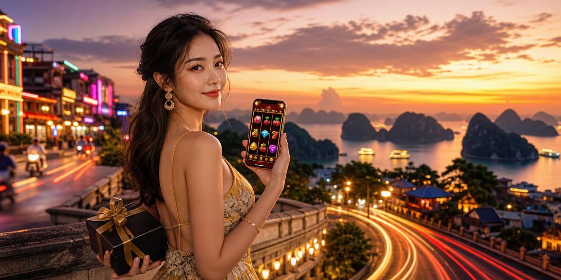 Giao diện slot game neon sống động trên nền cảnh Vịnh Hạ Long