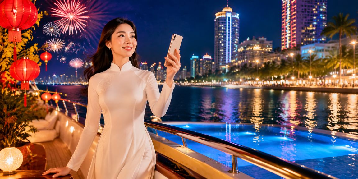 Người dùng Nha Trang mặc áo dài xem Live Casino trên điện thoại di động bên bờ biển